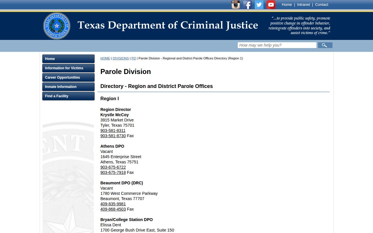 TDCJ Greenville District Parole Office listing for Hunt County