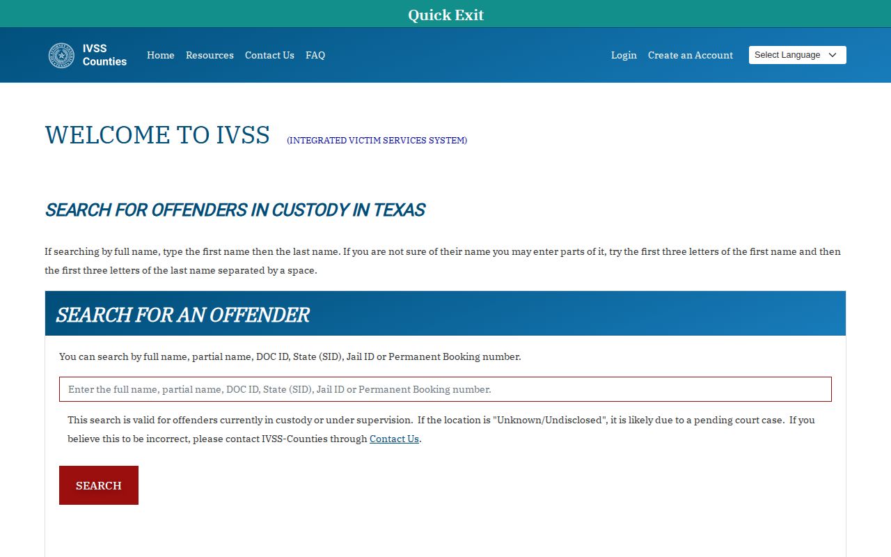 Texas IVSS-Counties offender and case search screen
